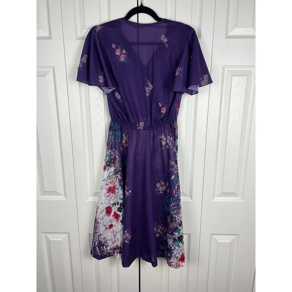 Floral Faux Wrap Midi‎ Dress Cottagecore Boho Romantic Purple Chiffon Small 4/6